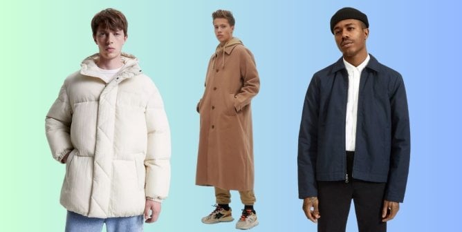 three male models wearing various vegan men's coats and jackets