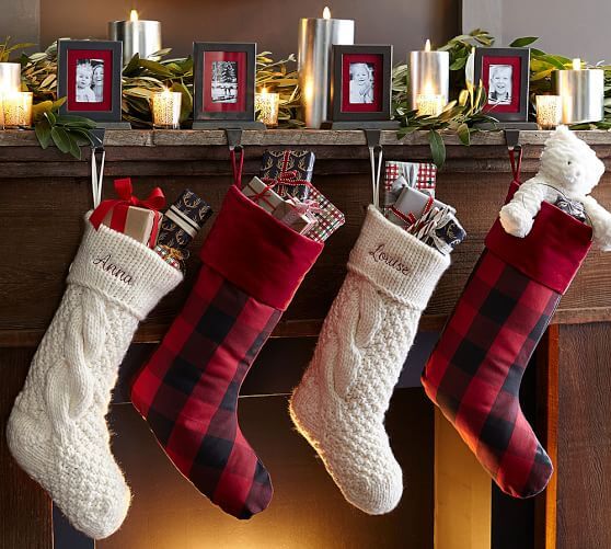 plaid and knit stockings on fireplace