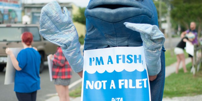 Freeda Fish mascot at a PETA fishing demonstration