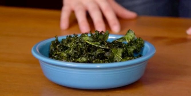 Blue bowl of vegan kale chips