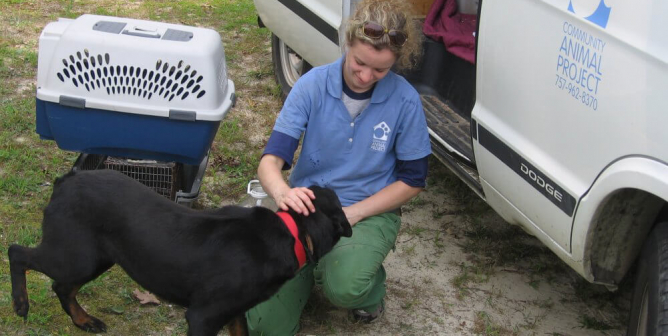 A PETA fieldworker helps a dog in need.