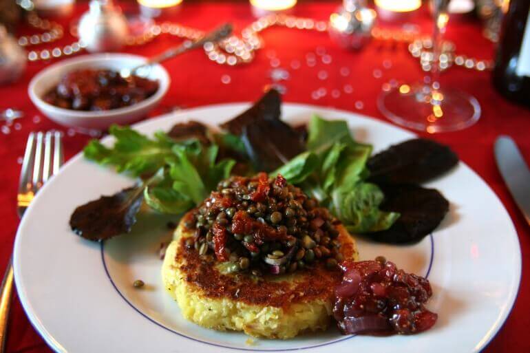 Root-Vegetable Fritters with Green Lentils and Fig Chutney (Gluten-Free)