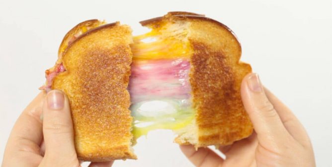 stretchy daiya rainbow grilled cheese sandwich