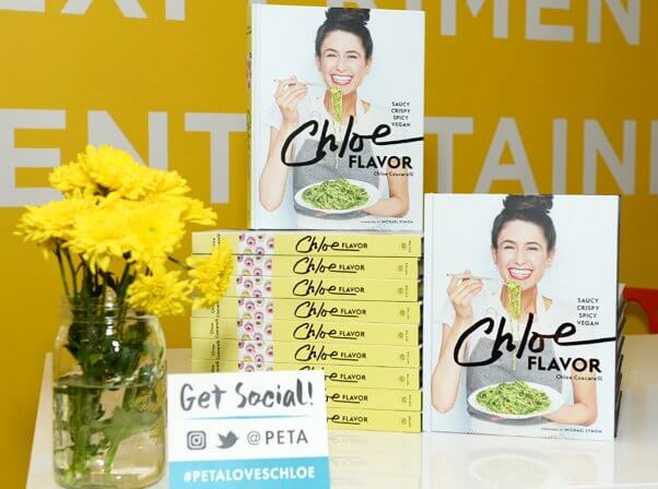 Display of copies of Chloe Flavor at PETA book signing event