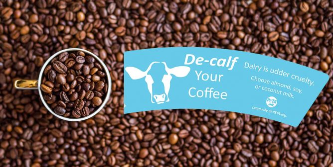 PETA is fighting back against the dairy pride act with de-calf your coffee cup sleeves