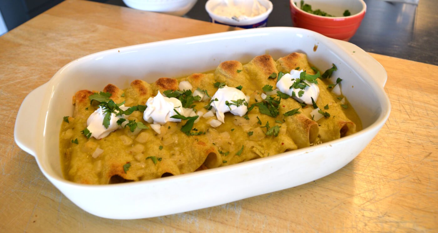 Easiest Vegan Chile Verde 'Chicken' Enchiladas