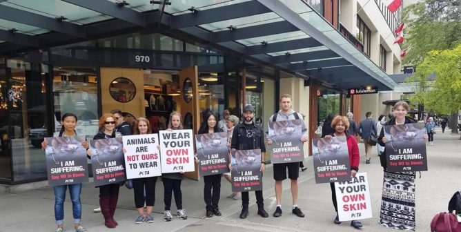 PETA supporters holding signs about the cruelty of down standing outside lululemon shareholder's meeting.