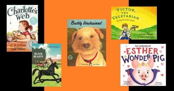 collage of animal-friendly books for the classroom on halloween