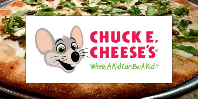 The Chuck E. Cheese's logo and a vegan pizza.