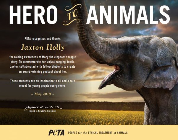 Image of Jaxton Holly's Hero to Animals Award