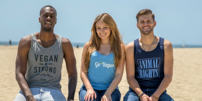 three young people sit on a low concrete wall at the beach wearing animal rights tank tops