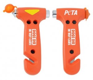 Dogs die of heat stroke when left in hot cars. PETA sells a rescue hammer for emergencies