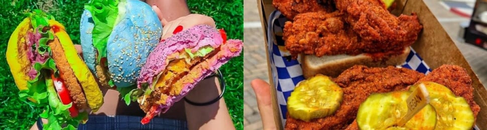 Epic vegan food from around the world, vegan rainbow burgers, vegan fried chicken