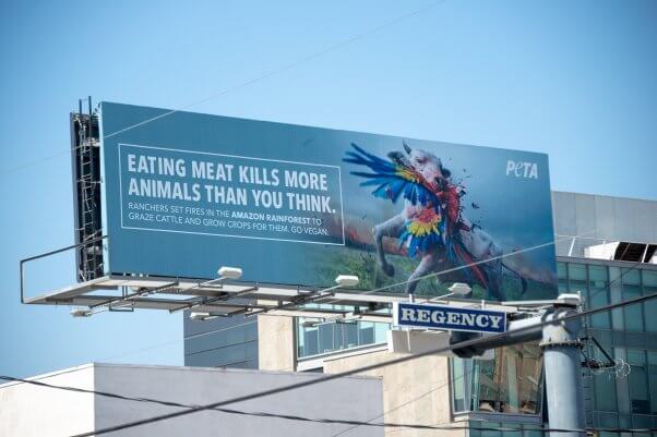 peta billboard, amazon deforestation, fires, leather, meat, outside brazilian consulate in los angeles