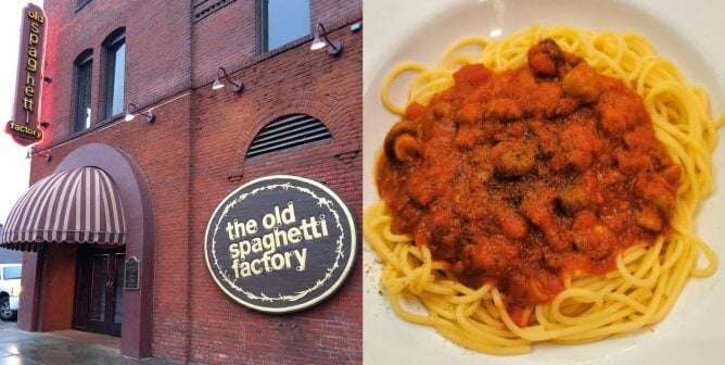 the old spaghetti factory, vegan spaghetti, red sauce, mushrooms