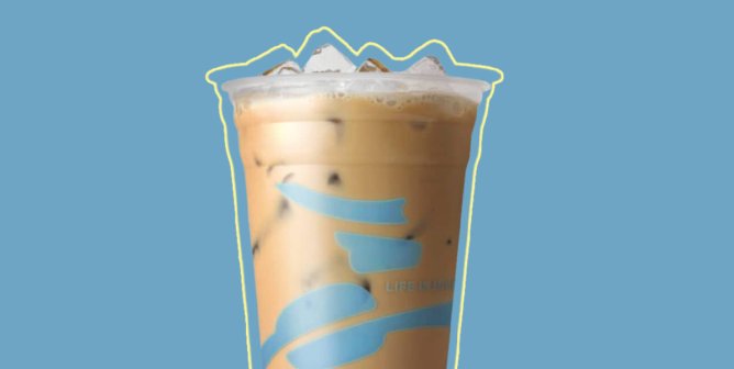 Caribou Coffee iced latte on a light blue background