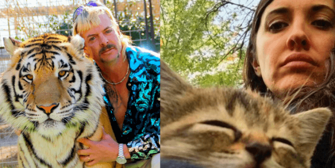 Left: Joe Exotic and tiger. Right: Brittany Peet and kitten.