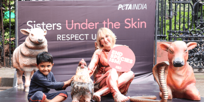 Ingrid Newkirk demonstrating against speciesism in Mumbai