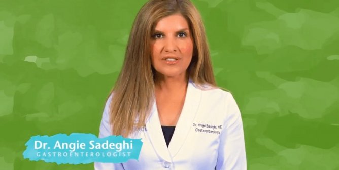 Dr. Angie Sadeghi with a green background