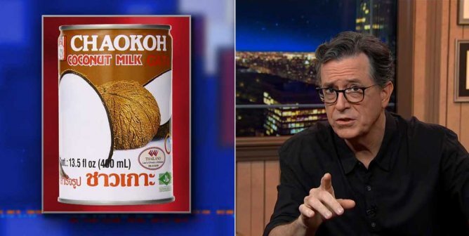 Stephen Colbert discusses Chaokoh coconut milk and forced monkey labor on "The Late Night"