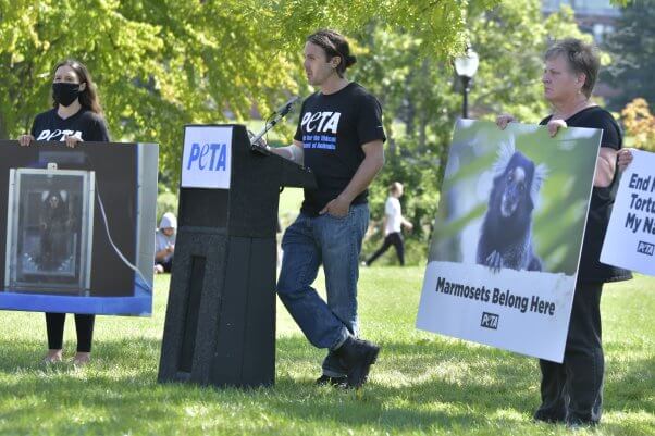 Casey Affleck speaks at University of Massachusetts Amherst press conference with PETA