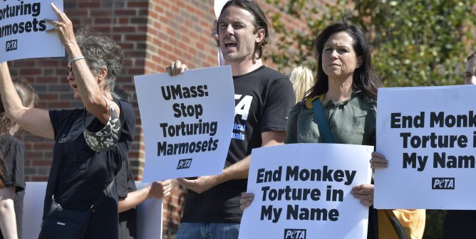 Lisa Lange Casey Affleck PETA protests monkey experiments UMass 2021