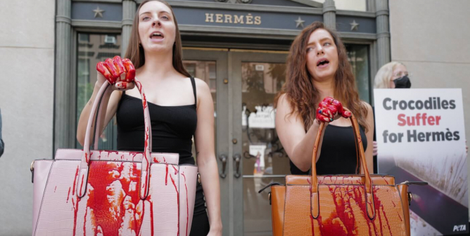 PETA NYC Hermes Protest bloody bags crocodile skins