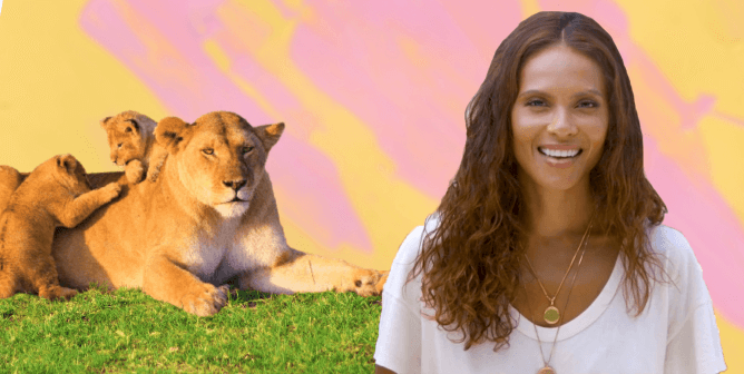 Lesley-Ann Brandt and lion mom with cubs