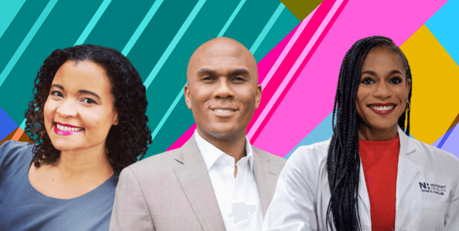 Black vegan medical professionals, Dr. Yami, Dr. Batiste, and Dr. Davis are placed in front of a rainbow, geometric background