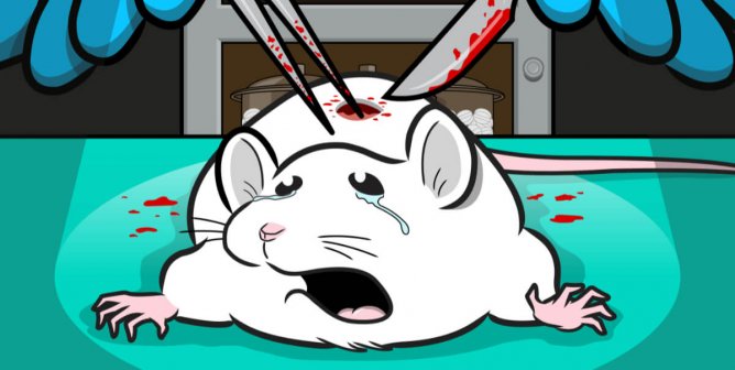 An illustration of a crying mouse being operated on by gloved hands