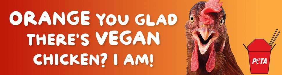 vegan fast food news of 2022 with PETA billboard for vegan orange chicken at panda express