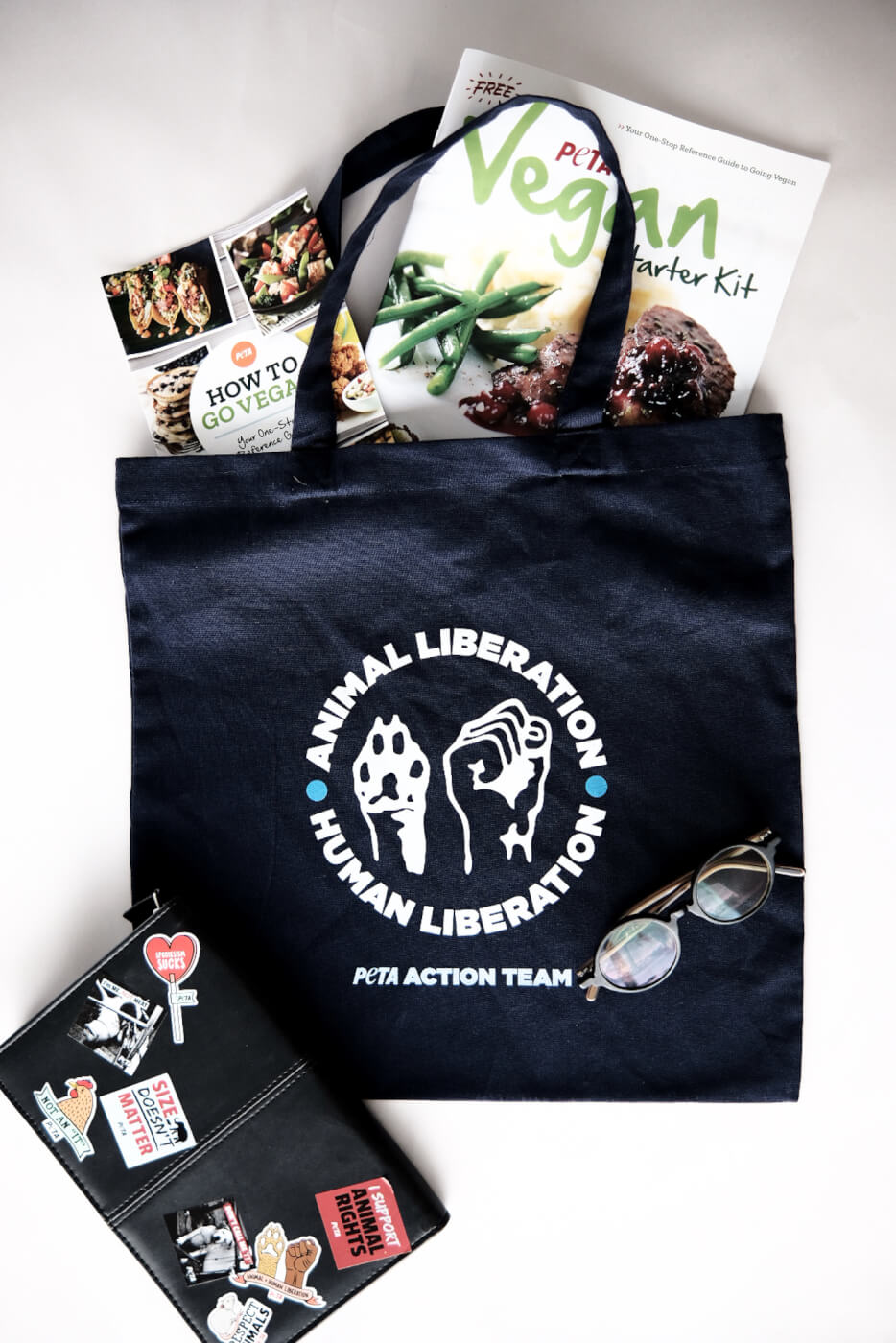 Exclusive PETA Action Team tote bag and leaflets