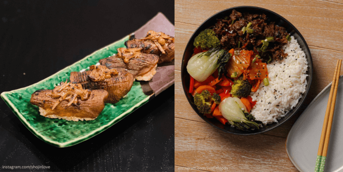 (left to right) vegan wagyu beef prepared on top of crispy rice and in a colorful bowl of stir fry