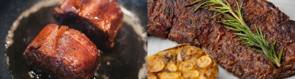 in a photo on the left, there are two vegan steaks sizzling in a hot pan and on the right there is another vegan steak made from eggplant on a plate with roasted garlic and vegan hollandaise sauce.