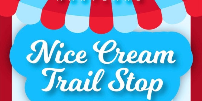 PETA's 'Nice Cream Trail' window sign for National Ice Cream Month, posted at Maryland shops serving vegan options