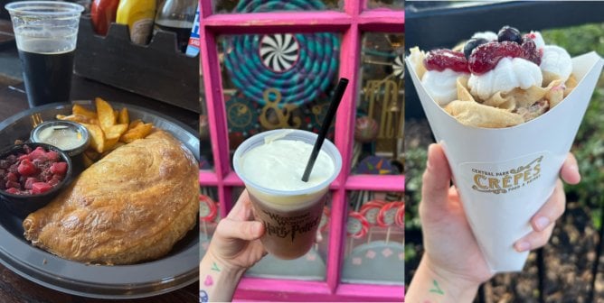 vegan options at universal orlando; on the left is a mushroom pasty, middle is vegan butterbeer, and the right shows the berry crepe