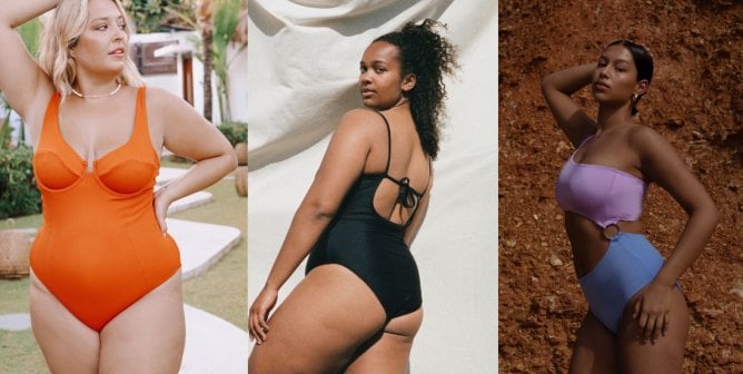 three photos, each showing a different woman modeling vegan swimwear
