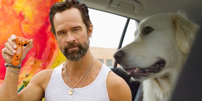 Chris Diamantopoulos with hammer next to dog Zeus in car