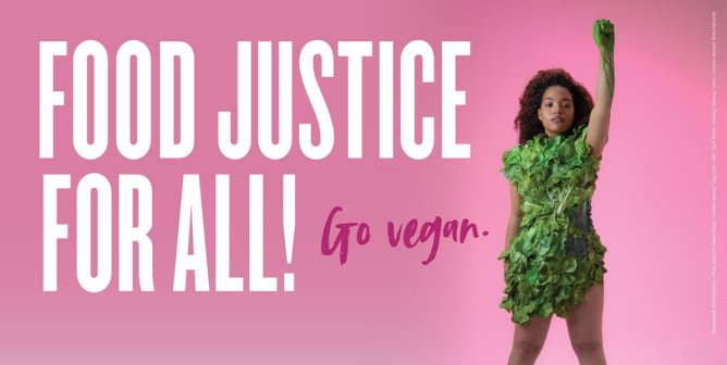 Ashley Jackson next to white text "food justice for all" with smaller pink text "go vegan"