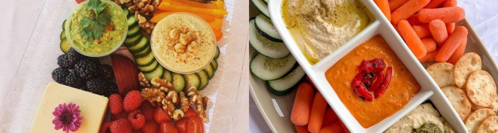 two photos collaged, on the left shows a vegan charcuterie board and the right is a plate with three types of hummus and lots of veggies