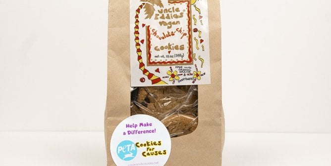 Single bag of Uncle Eddies cookies with PETA's cookies for causes sticker