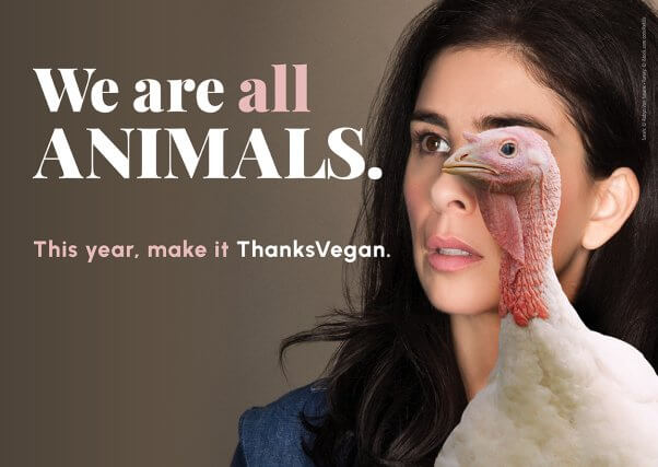 Sarah Silverman with turkey next to text that says "We Are All animals"