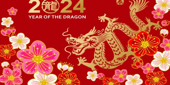 Illustration of a gold foil dragon and plum flowers