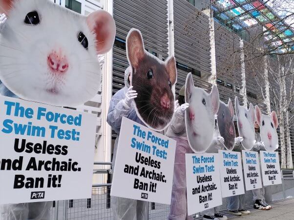 PETA UK supporters demand that the Home Office abolish the forced swim test.