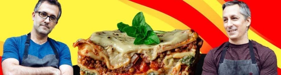 wicked kitchen chefs chad and derek sarno with an image of vegan lasagna