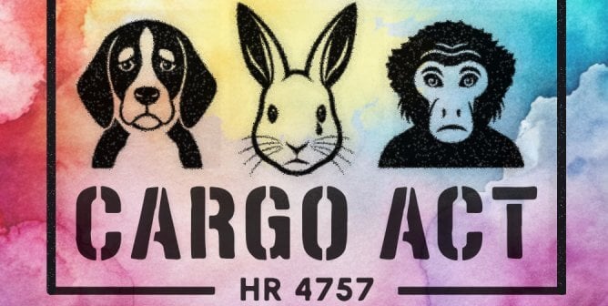 Dog, rabbit, and monkey stamp with words "CARGO ACT, HR 4757" with colorful background