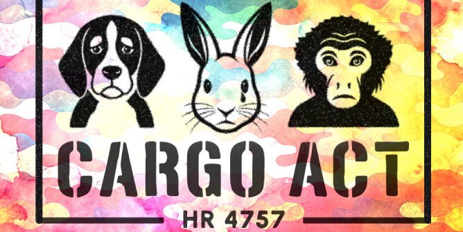 Dog, rabbit, and monkey stamp with words "CARGO ACT, HR 4757" with colorful background