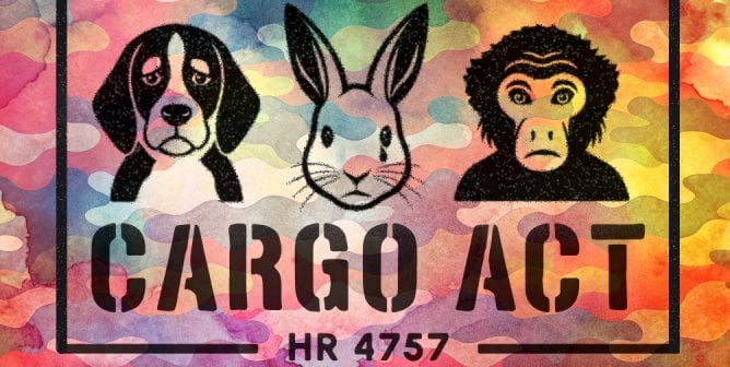 Dog, rabbit, and monkey stamp with words "CARGO ACT, HR 4757" with colorful background
