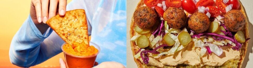 vegan options at CAVA, including pita chips and hummus and a falafel wrap