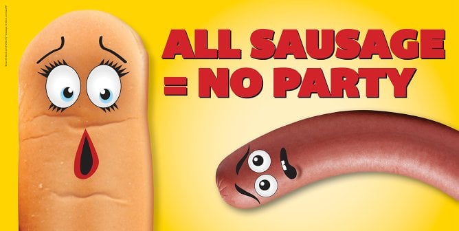 Hot dog and pun with faces on yellow background with text that says "All sausage = no party"